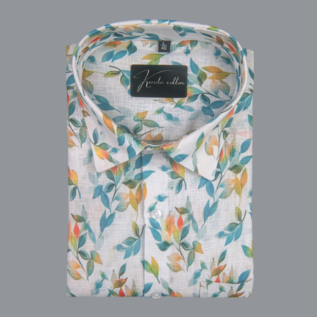 Linen Prime White with Golden Rama Mix Batel Print Shirts for Men