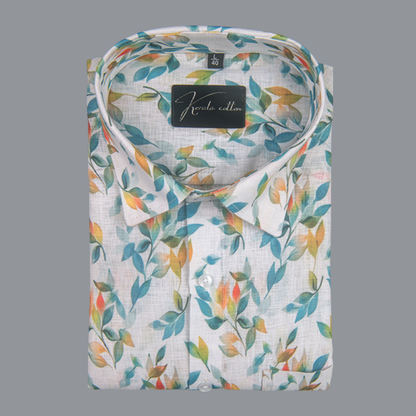 Linen Prime White with Golden Rama Mix Batel Print Shirts for Men