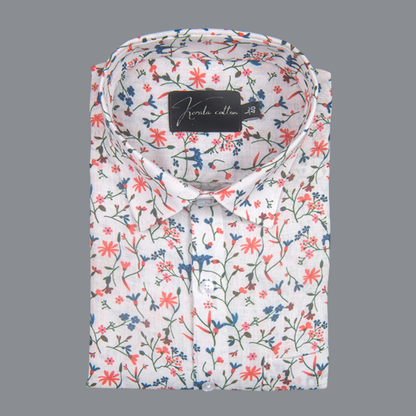 Rusiyano Linen White with Red Blue Flower Print Shirts for Men