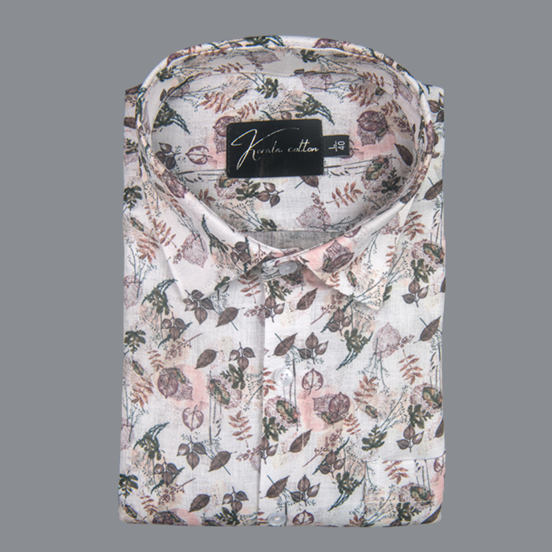 Rusiyano Linen White with Marrun Green Mix Flower Print Shirts for Men