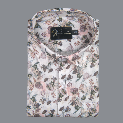 Rusiyano Linen White with Marrun Green Mix Flower Print Shirts for Men