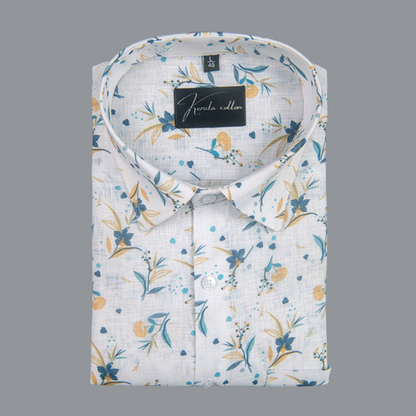 Linen Prime white with Rama Yellow Small Flower Print Shirts for Men