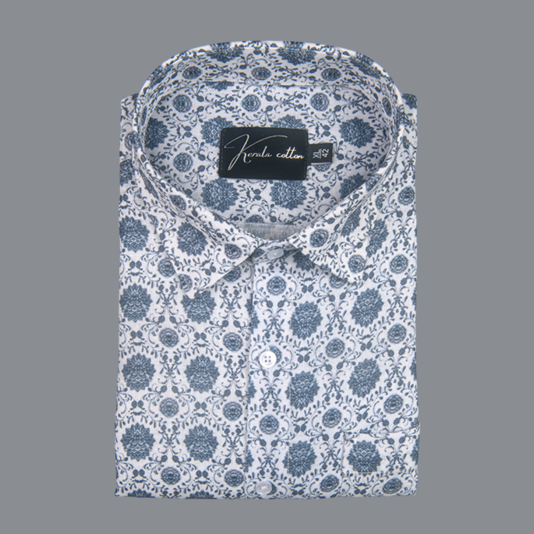 Rusiyano Linen White with Gray Franch Print Shirts for Men