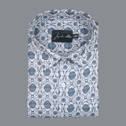 Rusiyano Linen White with Gray Franch Print Shirts for Men