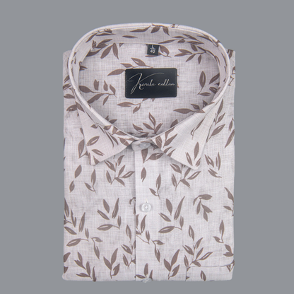 Linen Prime White with Brown Batel Print Shirts for Men