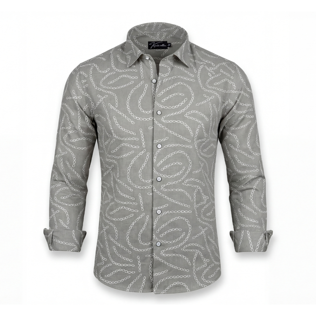 Linen Gray with Cream Chain Print Shirts for Men