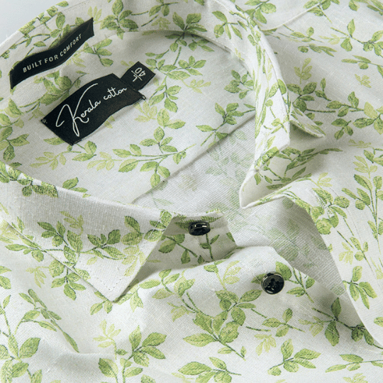 Italian linen White With Green Flower Print