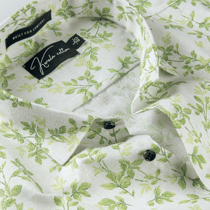 Italian linen White With Green Flower Print