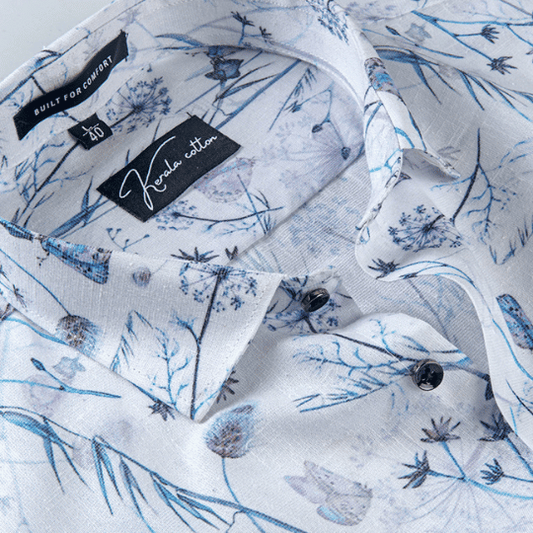 Italian linen White With Blue Flower Print