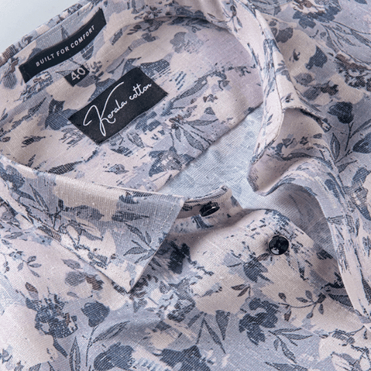 Linen Cream with Blue Flower Signature Print Shirts