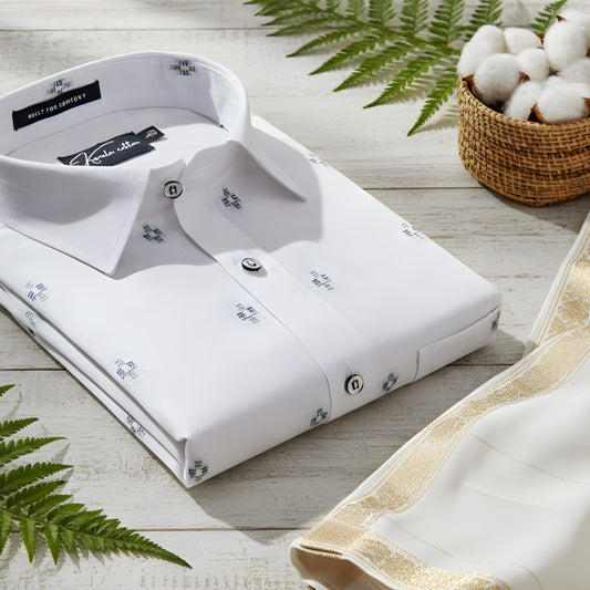Linen Butta White With Plus Print Shirts For Men