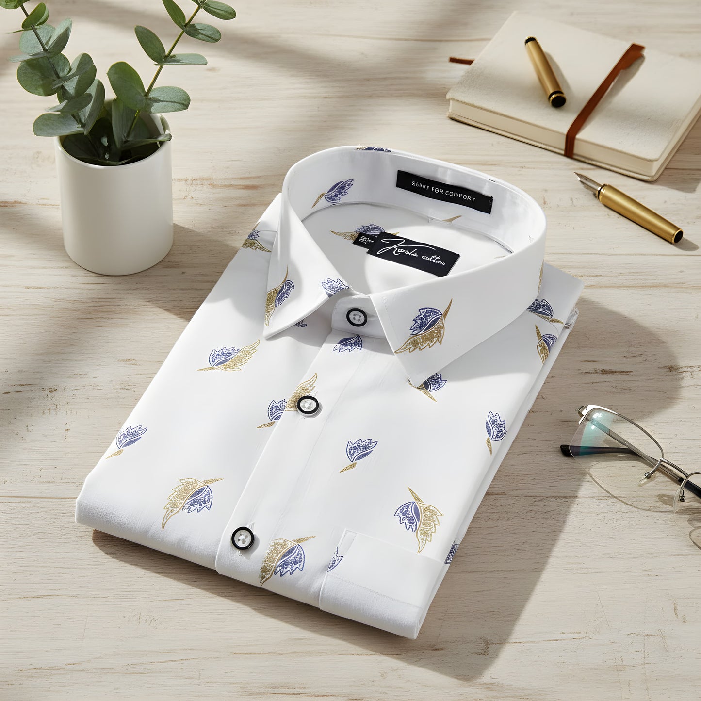 Turkey Linen White With Blue Yellow Print Shirts For Men