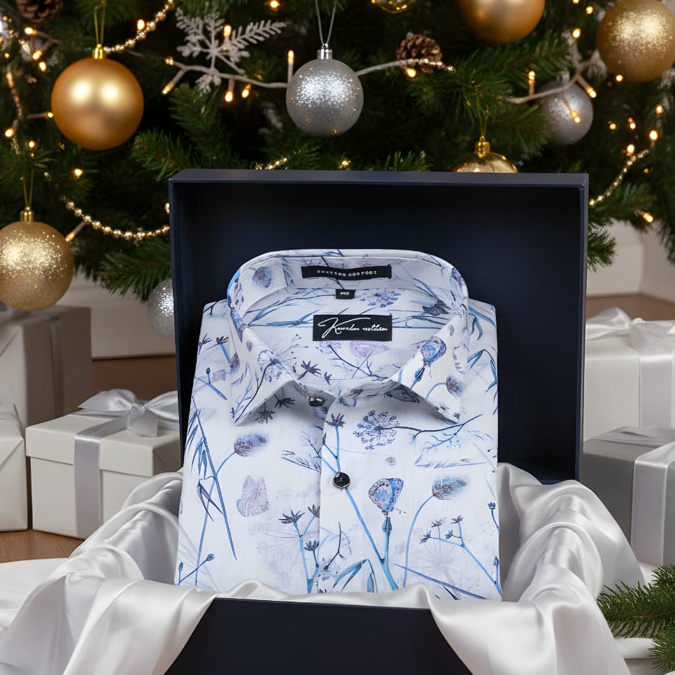 Italian linen White With Blue Flower Print