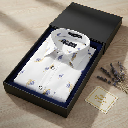 Turkey Linen White With Blue Yellow Print Shirts For Men