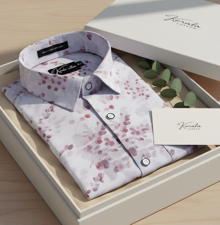 New Italian Linen White With Marun Flower Print Shirts For Men