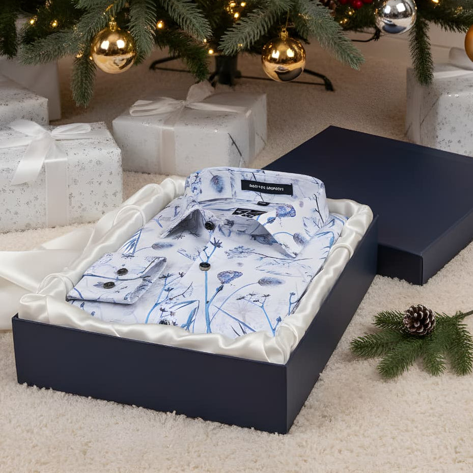 Italian linen White With Blue Flower Print