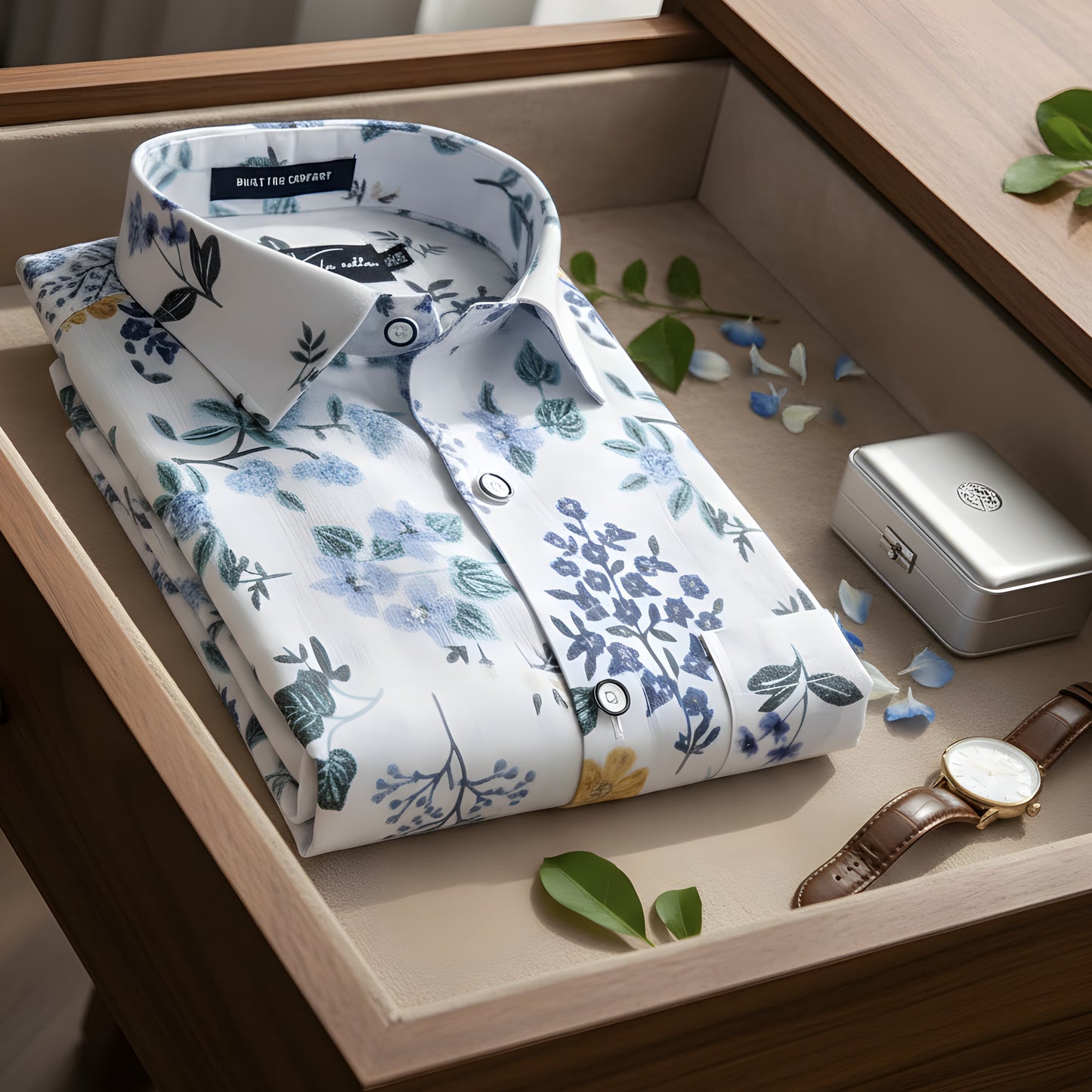 New Italian Linen White With Blue Flower Print Shirts For Men