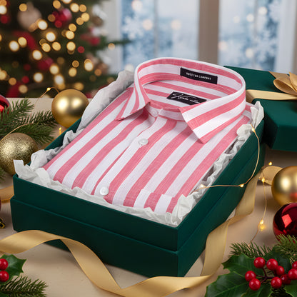 Linen White With Pink Patta Print Shirts For Men