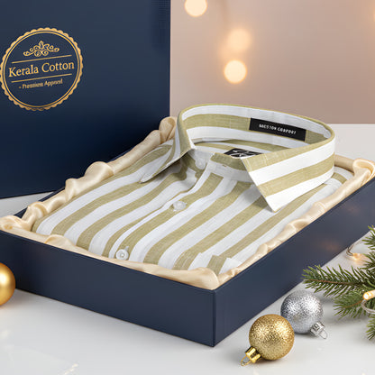 Linen White With Pista Green Patta Print Shirts For Men