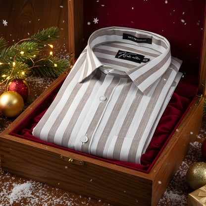 Linen White With Dark Grey Patta Print Shirts For Men