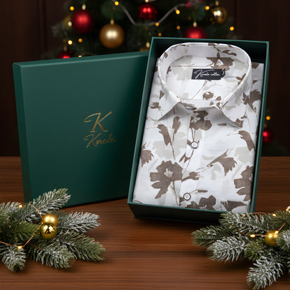 Sidney Linen White with Brown flower Print Shirts for Men