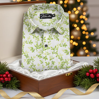 Italian linen White With Green Flower Print