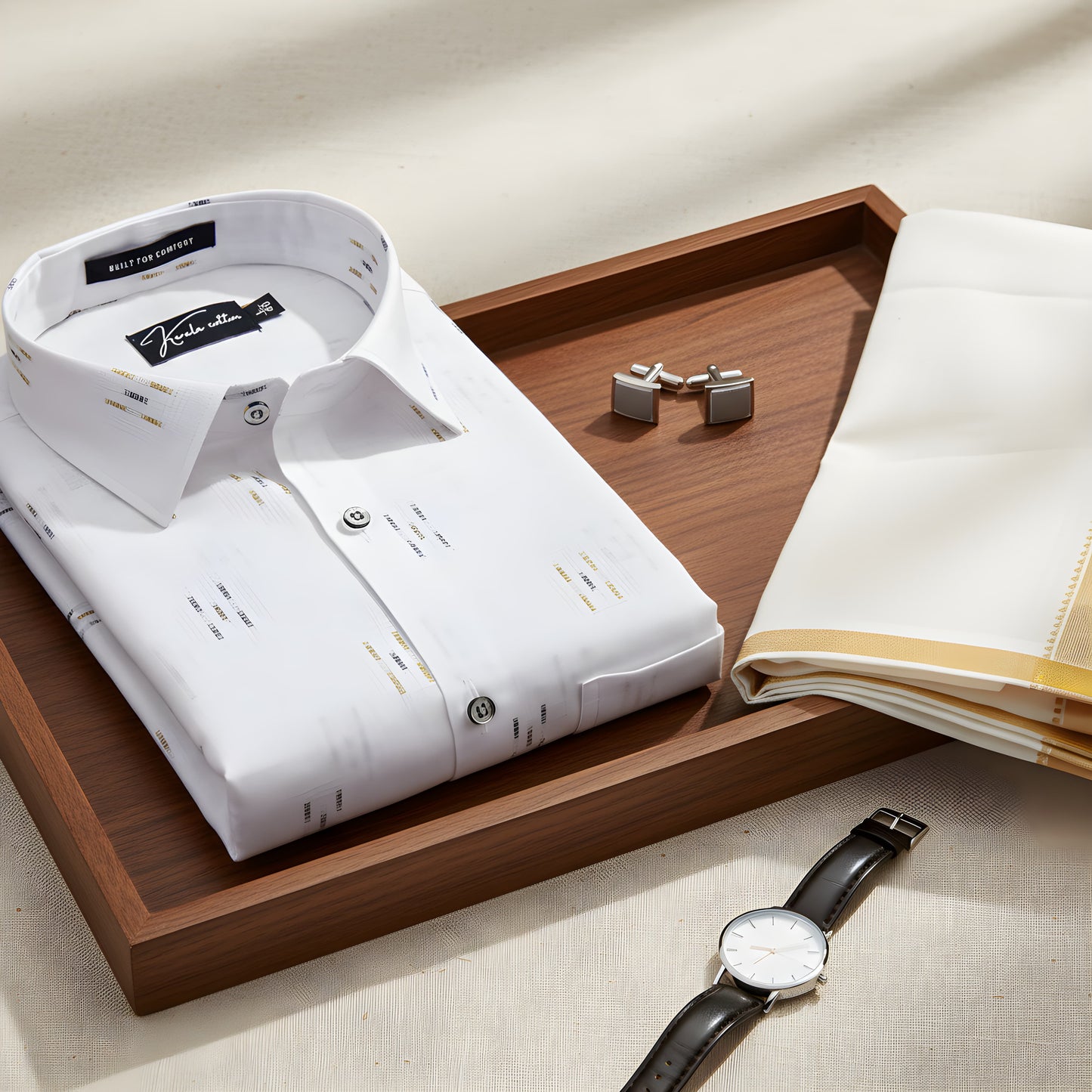 Linen Butta White With Three Lines Printed Shirts For Men