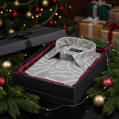 Linen Gray with Cream Chain Print Shirts for Men