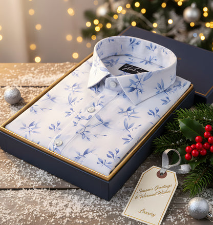 Italian linen white with blue batel print