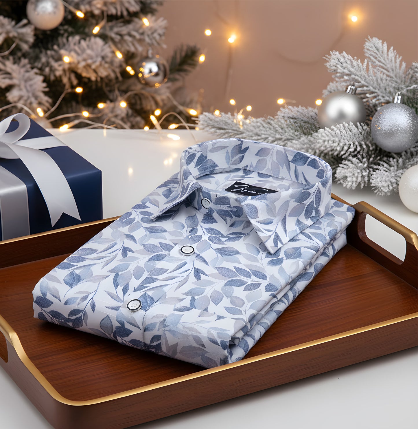 Linen White with Blue Batel Print Shirts for Men