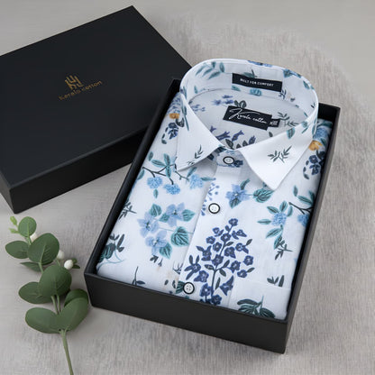 New Italian Linen White With Blue Flower Print Shirts For Men