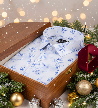 Italian linen white with blue batel print