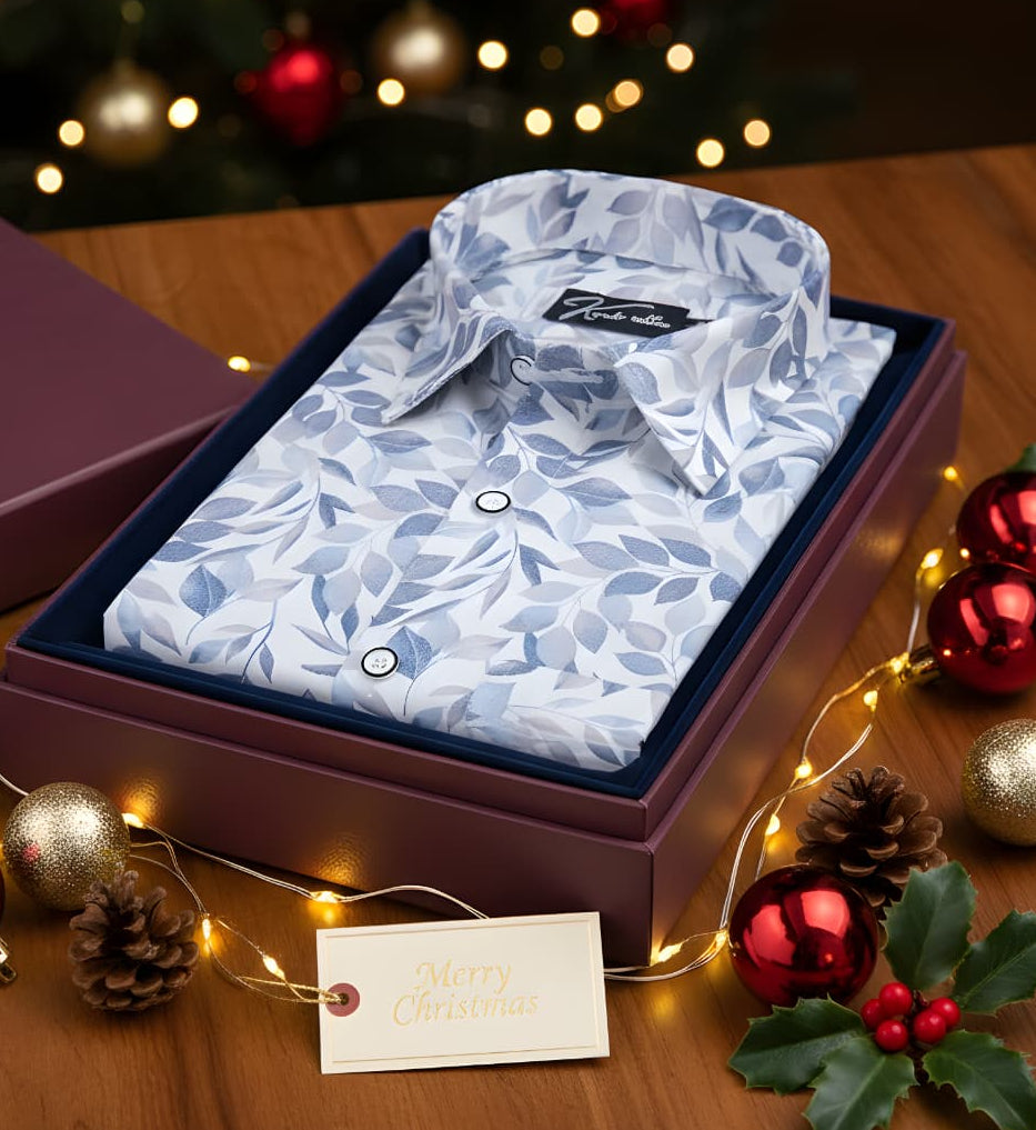 Linen White with Blue Batel Print Shirts for Men