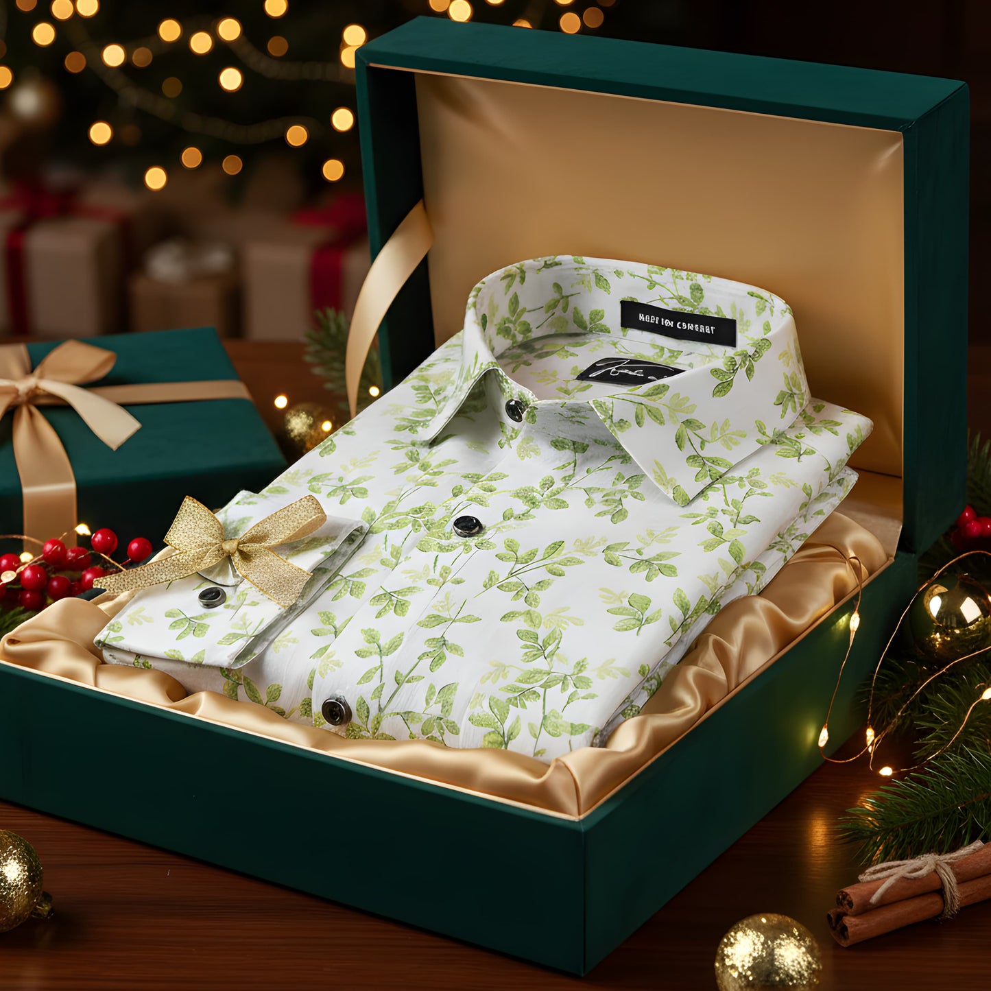 Italian linen White With Green Flower Print