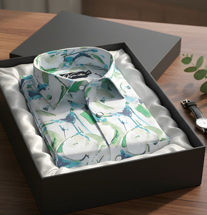 Digital White with Green Rama Circle Print Shirts for Men