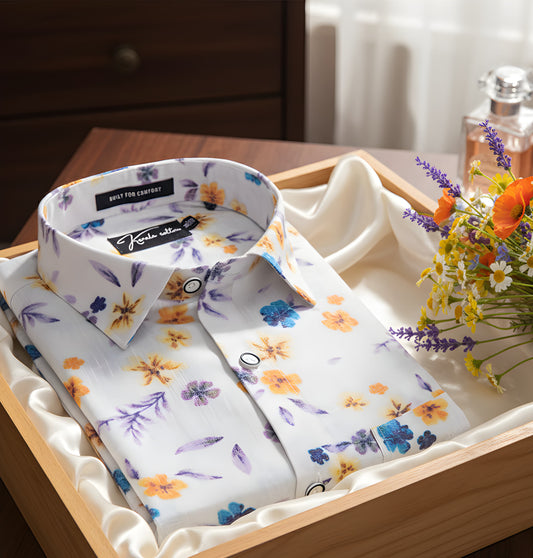 New Italian Linen White With Golden Yellow Rama Flower Print