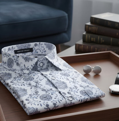 New Italian Linen White With Grey French Print Shirts For Men
