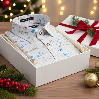Italian Linen White With New Sky Mahendi Print Shirts For Men