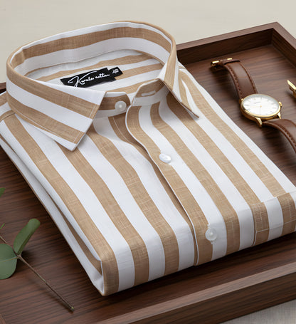 Linen White With Brown Patta Print Shirts for Men