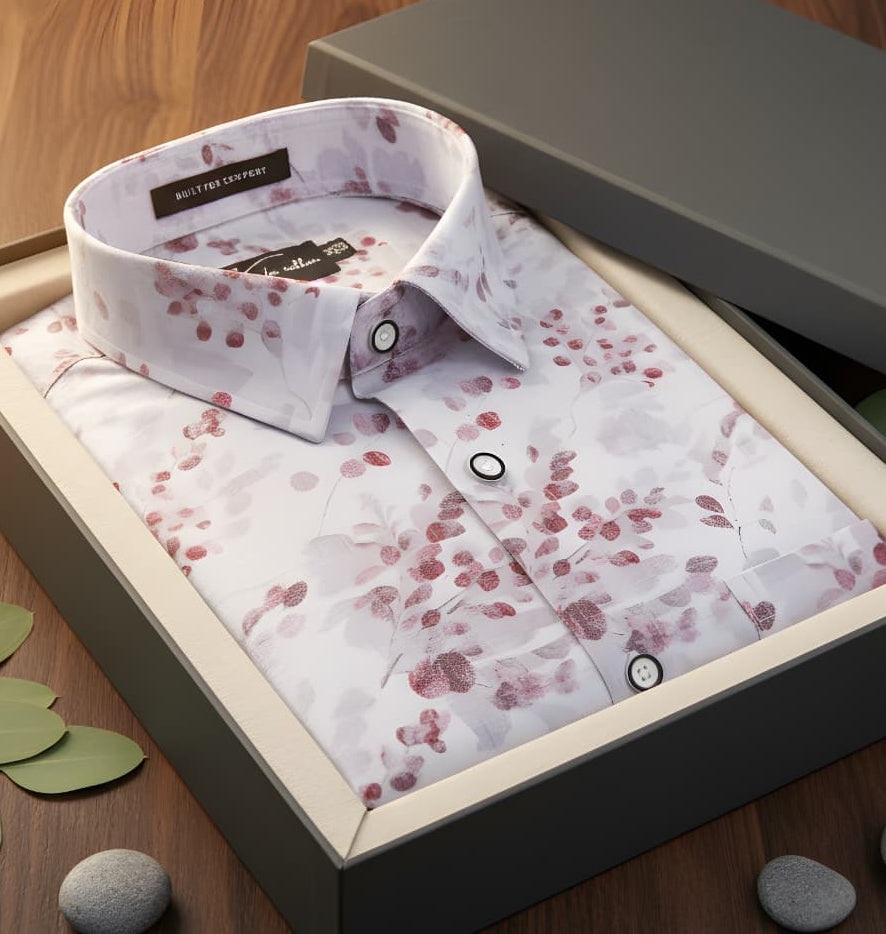 New Italian Linen White With Marun Flower Print Shirts For Men