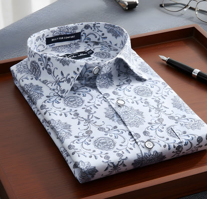 New Italian Linen White With Grey French Print Shirts For Men