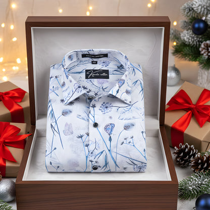 Italian linen White With Blue Flower Print