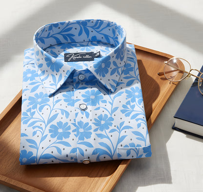 Digital White with Sky Blue Flower Print Shirts for Men