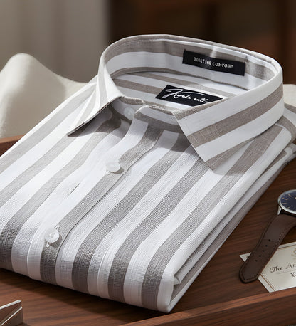 Linen White With Dark Grey Patta Print Shirts For Men