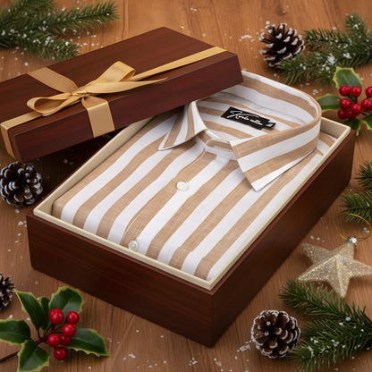 Linen White With Brown Patta Print Shirts for Men