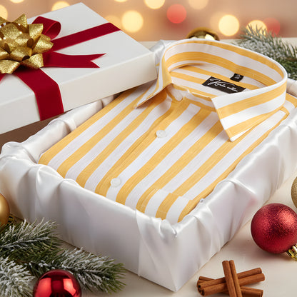 Linen White With Yellow Patta Print Shirts For Men