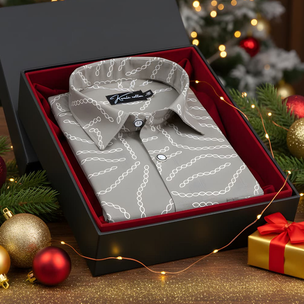 Linen Gray with Cream Chain Print Shirts for Men