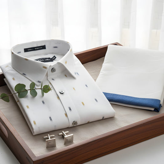 Linen butta White With Rectangle Print Shirts For Men