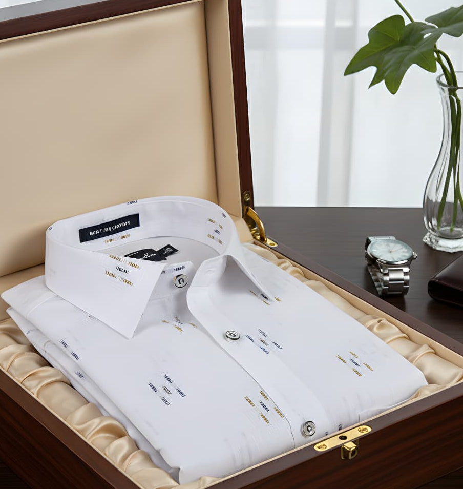 Linen Butta White With Three Lines Printed Shirts For Men
