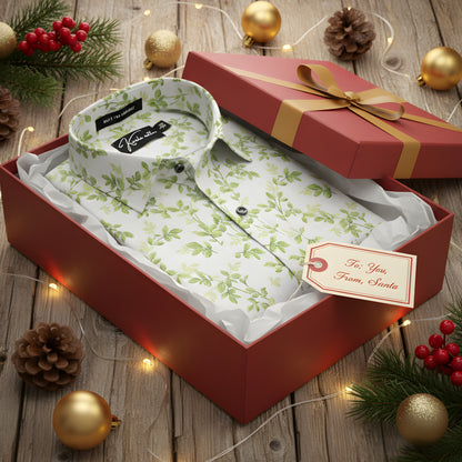 Italian linen White With Green Flower Print